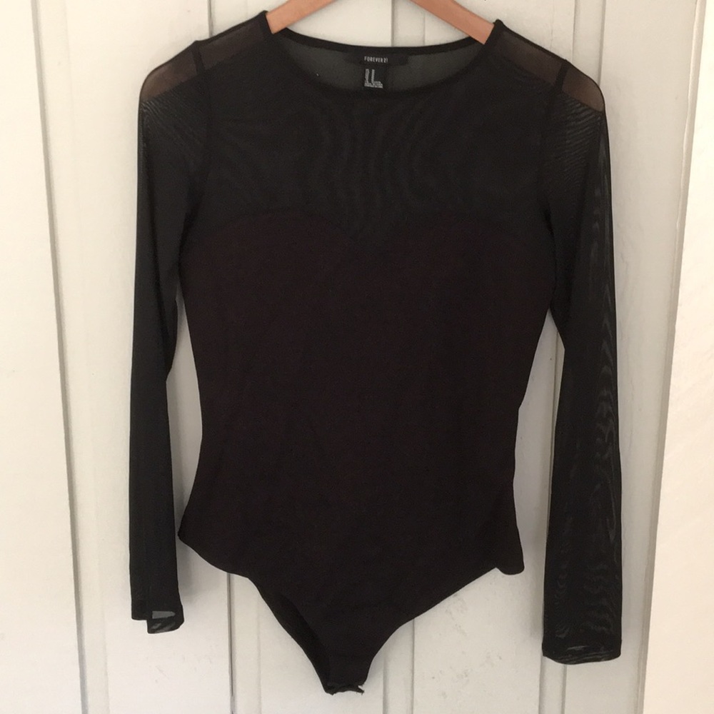 Forever 21 long sleeve black mesh top snap leotard
